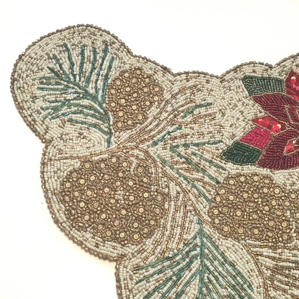 Cynthia Rowley Christmas Beaded Pinecone Poinsettia Table Runner Centerpiece